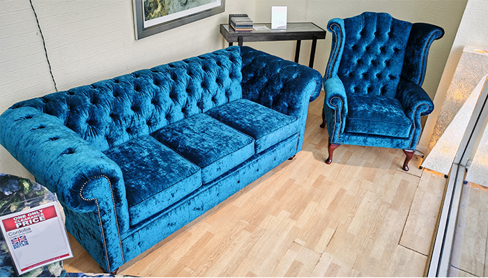 Cambridge Chesterfield 3 Seater Sofa & Queen Anne Chair In Pastiche Slub Petrol